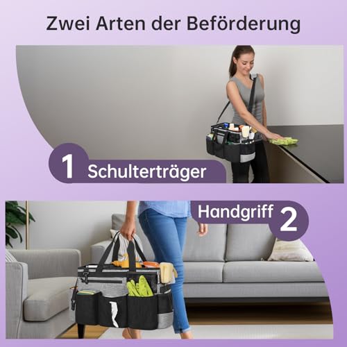 OUUTMEE Reinigungstasche 20 x 38 x 26 cm,Mit herausnehmbarem Fach Tote Reinigungstasche，Tragbarer Organizer für Reinigungsmittel Mit verstellbarem Schultergurt，Grau Groß