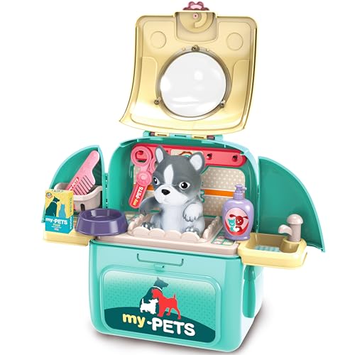 SMILESSKIDDO Pet Carrier Backpack Toy, 3 in 1 Pet Care Playset, Pretend Play Pet Hospital Accessories & Hair Dryer Toy, Dog Role Play Set for Boys Ages 3+