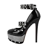 onlymaker Close Toe Stiletto Heeled Mary Jane Pumps for Women Rhinestone Platform Crisscross Rivet Studded Buckle up Pumps Party Wearing Black Size 12