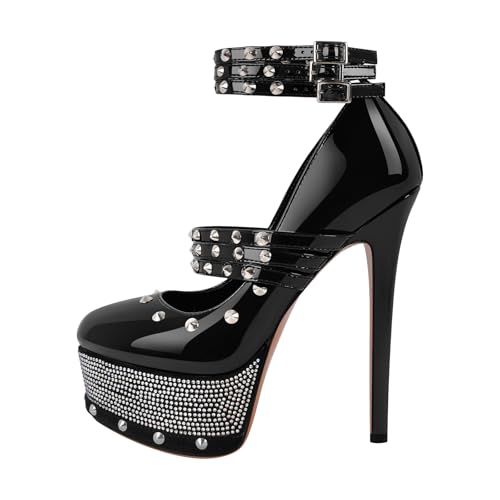 onlymaker Close Toe Stiletto Platform Mary Jane Pumps for Women Triple Buckle up Rivet Studded Strappy Party Shoes
