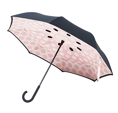 逆さに開く二重傘 サーカス ドット アプリコット×ブラック 日傘/晴雨兼用傘 手開き 8本骨 61cm 自立式 グラスファイバー骨 EF-UM01DPBK