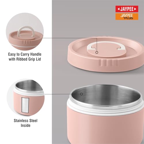 Image of Jaypee Plus Snackpac Sr. Airtight Leakproof Container 500 ml Lunch Box for School, Office, Ideal for Snacks and Meal, Keeps Food Hot & Fresh Inner Stainless Steel Easy to Carry Handle, Sanitary Pink