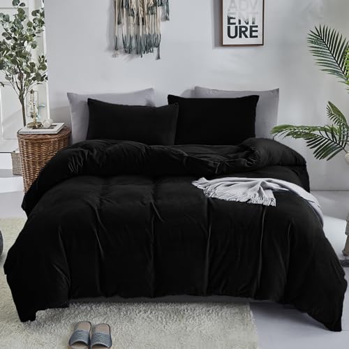 Cottonight Black Velvet Comforter Set King Black Flannel Bedding Comforter Set Dark Color All Black Plush Fluffy Blanket Quilts Modern Winter Warm Thick 3 Piece Soft Bedding Set