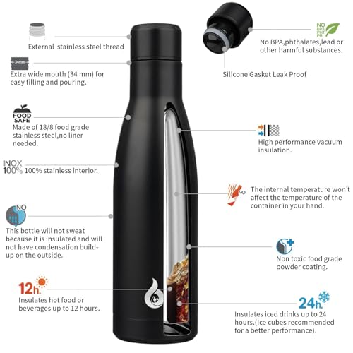 BJPKPK Insulated Water Bottle 17oz Stainless Steel Water Bottles Dishwasher Safe Metal Thermal Keep Cold and Hot,Midnight Black by BJPKPK - Image 3