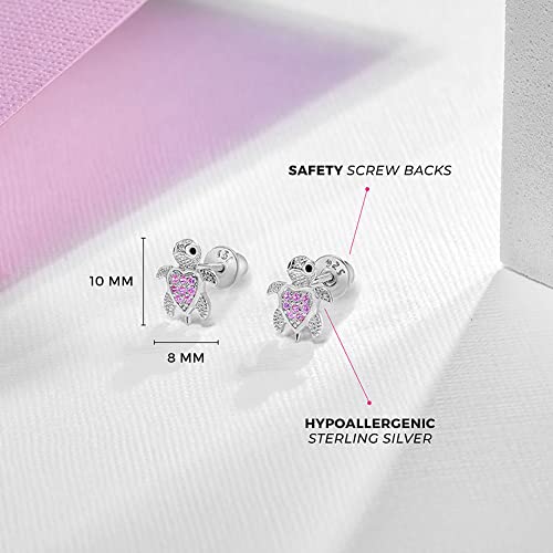 925 Sterling Silver Girl's Pink Cubic Zirconia Screw Back Sea Animal Themed Earrings - Turtle Stud Earrings For Young Girls & Teens - Safety Screw Back Locking For Little Girl's Daily Accessory #TOP3