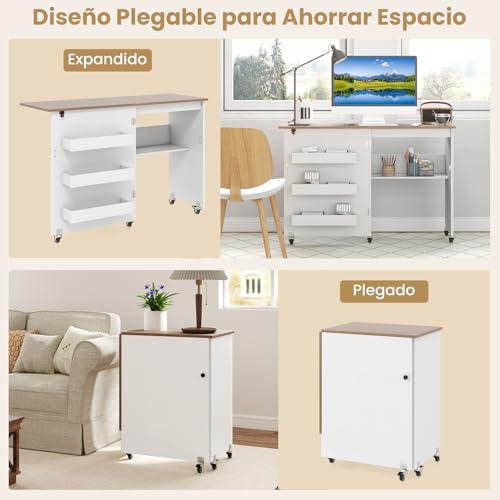 Miniatura 7 de Costway 2 En 1 Mesa Maquina De Coser Plegable, 116x40.5x78cm, Mueble Maquina Coser Con 3 Compartimientos Ocultos Y Estante, Escritorio Móvil Con 5 Ruedas Bloqueables, Ahorro De Espacio Blanco Marrón