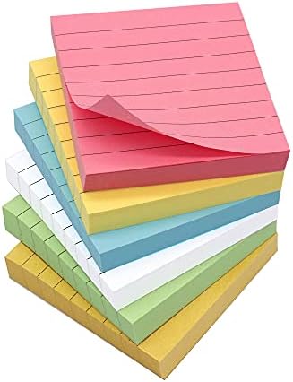Teskyer Lined Sticky Notes 3x3 Inchs, 600 Sheets Bright Colors Self-Stick Pads, 6 Pads/Pack, 100 Sheets/Pad