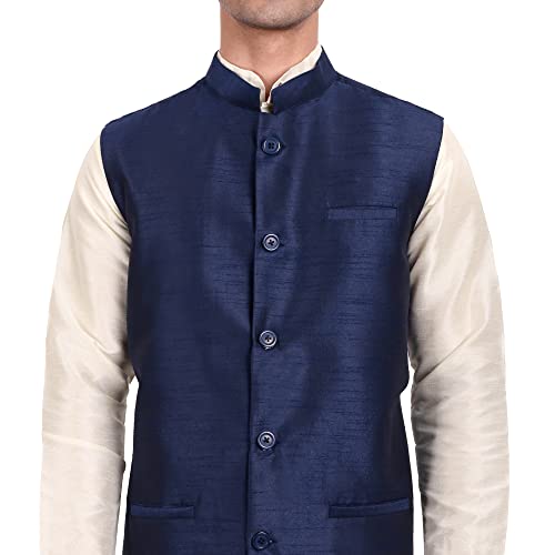 SKAVIJ Men's Indian Traditional Dupion Silk Kurta Pajama Nehru Jacket (Waistcoat) Set3