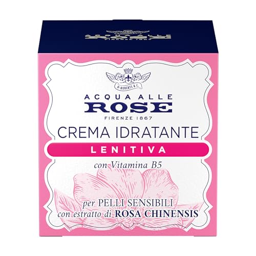 Acqua alle Rose, Crema Viso Idratante Lenitiva, con Estratto di Rosa Chinensis e Vitamina B5 Lenitiva, Ideale per le Pelli Sensibili o Secche, Nutre e Reidrata la Pelle Sensibile, 50 ml