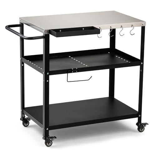 Image of Outdoor Grill Cart Table,Indoor and Outdoor Pizza Oven Table,with 4 Movable Total Lock Casters, Hooks, Side Handle Multifunctional (Black) (Stainless Steel)