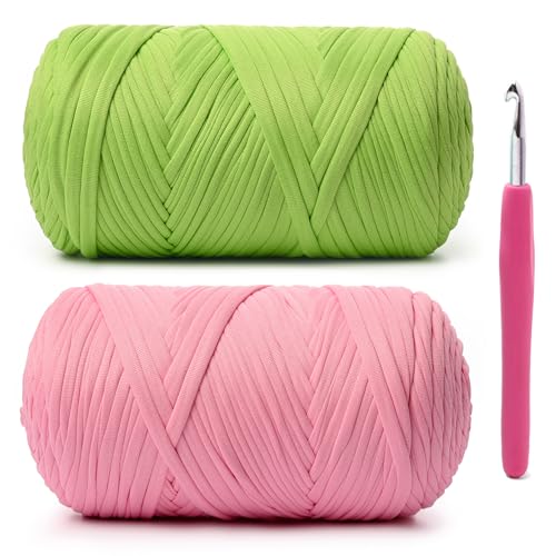 Image of 2 Pack Soft Tshirt Crochet Yarn, 800g /228yds High Elastic Hand Knitting Yarns, Thick T Shirt Yarn for Crocheting Bags, Baskets, Cushions, DIY Crafts(Green Apple + Peach