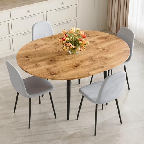 Image of FURNITO Wood Dining Table Set for 4, 42 inch-54 inch Round to Oval Extendable Table with 4 Linen Fabric Chairs, Space-Saving Contemporary Dining Room Set for Small Apartments or Kitchens, Easy Assembly
