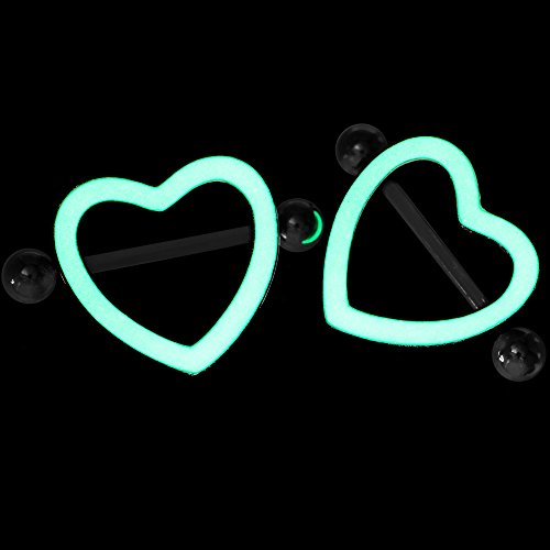 Body Candy Steel Green Glow In The Dark Valentine Heart Nipple Shield Set Of 2 14 Gauge 3/4" #TOP1