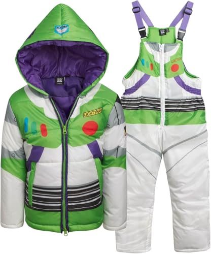 disney toddler boys snow suit set - 2 piece toy story mickey mouse cars insulated winter jacket and ski bib overalls for boys