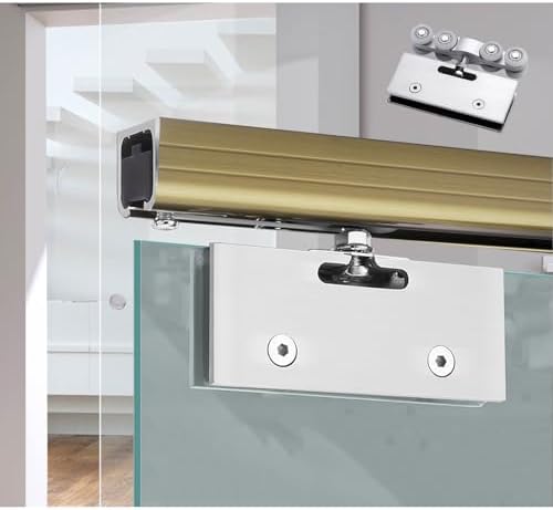 Champagne Single Track Sliding Glass Door Hardware Kit - 13.1ft Barn Door Rail with Glass Clamps, Pocket Door Tracks for Smooth Sliding, Durable & Stylish Solution