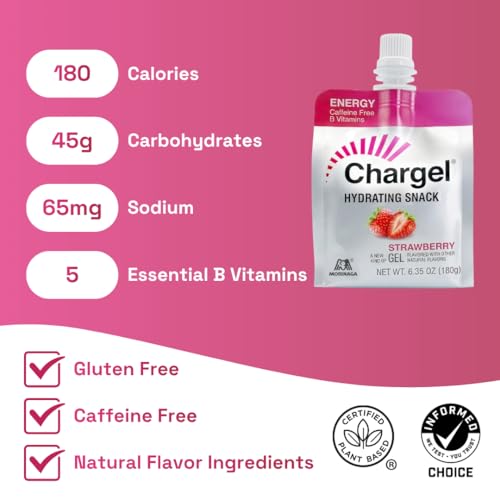 Image of Chargel Strawberry, Caffeine-Free Instant Energy Gel Running, Biking, Workout, Hiking Essentials for Women & Men, Gifts for Runners - Carbs Vitamins, Gluten Free - Pack of 6 Gels - 6.35oz Each