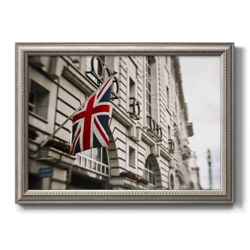 Union Jack Flag Wall Art Union British Flag on the Building Photo Modern Home Décor Artwork Silvery Framed Canvas Prints Wall Decorations for Living Room and Bedroom 22x31 Inch LS005