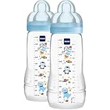 MAM Biberon Easy Active Baby Bottle 330 ml (Set da 2), Kit da 2 biberon MAM per bambini attivi ergonomici e pratici, Accessori neonato 4+ mesi allattamento con tettarella misura 3, Azzurro assortito