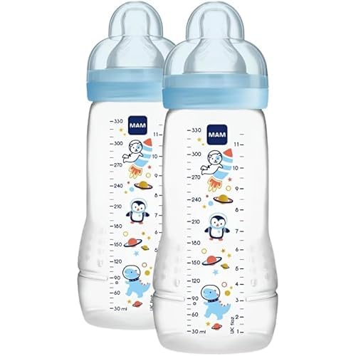 MAM Biberon Easy Active Baby Bottle 330 ml (Set da 2), Kit da 2 biberon MAM per bambini attivi ergonomici e pratici, Accessori neonato 4+ mesi allattamento con tettarella misura 3, Azzurro assortito