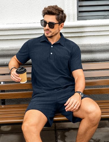 Image of ZAFUL Men's 2 Pieces Sets Outfits Summer Beach Set Short Sleeve Button Down Zip Up Shirt And Short Sets
