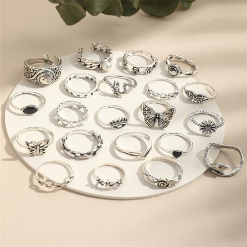 Rrdaily Vintage Knuckle Rings for Women Chunky Black Silver Ring Set Adjustable Finger Stackable Rings Goth Punk Grunge Snake Ring Boho Y2k Accessories Jewelry (21 Pcs) by Rrdaily - Used condition - Image 5