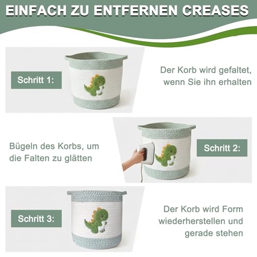 Aufbewahrungskorb Kinder aus Baumwolle - 30,5 x 30,5 cm Spielzeug-Aufbewahrungskorb mit Griff Gewebter Wäschekorb Deckenkorb, Baumwollseil mit niedlichem Gesticktem Dinosaurier für Kinderzimmer Wäsche
