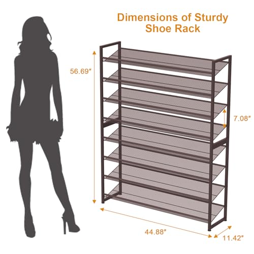 Image of Large Shoe Rack 8 Tier Shoe Organizer, Heavy Duty Metal 4-Tier Stackable Shoe Storage Vertical Shoe Rack for Closet Front Door Entrance, Up to 50 Pairs, 44.8 inch W x 11.4 inch D x 56.7 inch H, Bronze