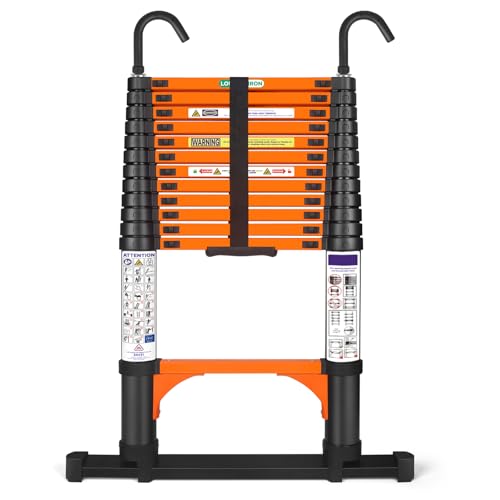 12.5FT Telescoping Extension Ladder for RV Attic Home, Multi-Purpose Collapsible Ladder with Non-Slip Feet, Lightweight Retractable Telescopic Ladder with 2 Triangle Stabilizers & Safety J-Hook