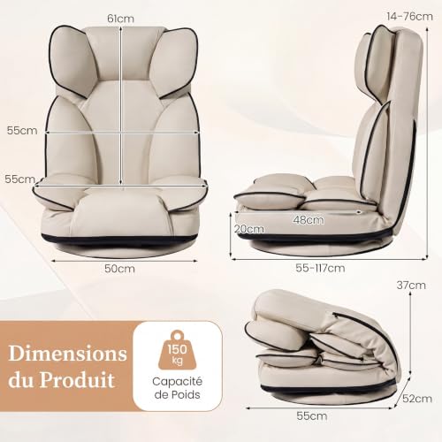 COSTWAY Fauteuil de Sol Pliable Pivotant (Beige) – vue 3