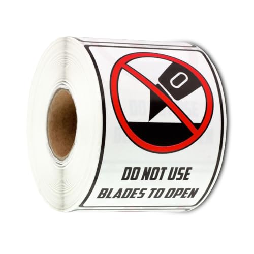 Do Not Use Blades to Open Labels (2 x 3 inch, Rectangular - 300 Labels) Bold Texts & Pictogram - International Instruction Warning Stickers - Semi-Gloss Coated, Strong Adhesive