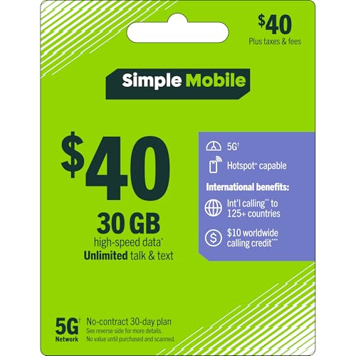 SIMPLE Mobile $40 Unlimited Talk,Text&Data(15GB High–Speed)[Physical Delivery]