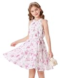 Sommerkleid Mädchen Blumen, A Linie Neckholder Prinzessin Kleid Mädchen, Kinder Kleider Sommer Elastischer Bund Weiß Violette Blume 14 15 Jahre