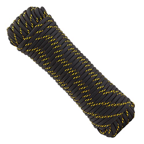 Built Industrial Diamond Braided Rope - 3/8 in x 100 ft, Black & Yellow Polyester - Low Stretch & High Shock Absorbency for Boat Rope, Trailer Tie Down, Emergency Shelter & Outdoor Gear