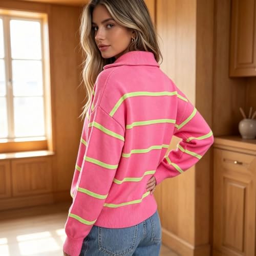 Quarter Zip Sweater Women Cropped Oversized Striped Turtleneck Sweater Top - image 3