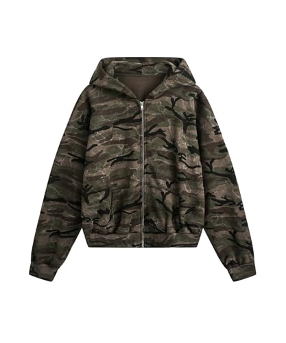 Unisex Vintage Camouflage Zip Up Hoodie Jacket, Cropped Oversized Streetwear Casual Outerwear