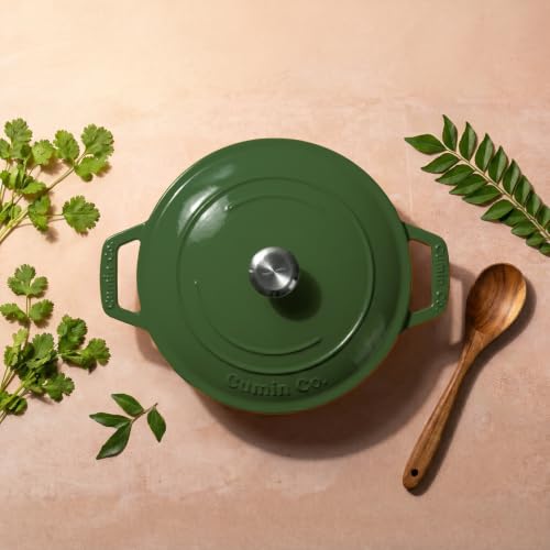 Image of CUMIN CO. Cast Iron Braiser | 26cm, 2.5L (Serves 5-6) | Non Toxic Cooking Pot with Lid | Patented Enamel Coating | FDA Compliant | Induction & Oven Safe | Green