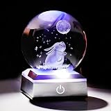 3.15in. Crystal Ball Engraved 3D Rabbit and Moon Stars Figurine Paperweght with LED Light Base, Glass Bunny Sphere Decor Birthday Easter Gifts for Women Boys Girls