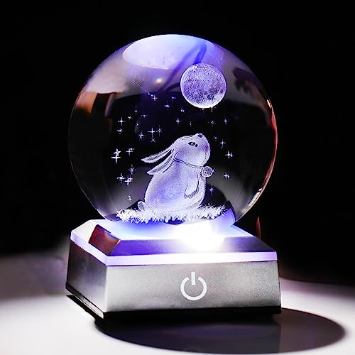 3.15in. Crystal Ball Engraved 3D Rabbit and Moon Stars Figurine Paperweght with LED Light Base, Glass Bunny Sphere Decor Birthday Easter Gifts for Women Boys Girls