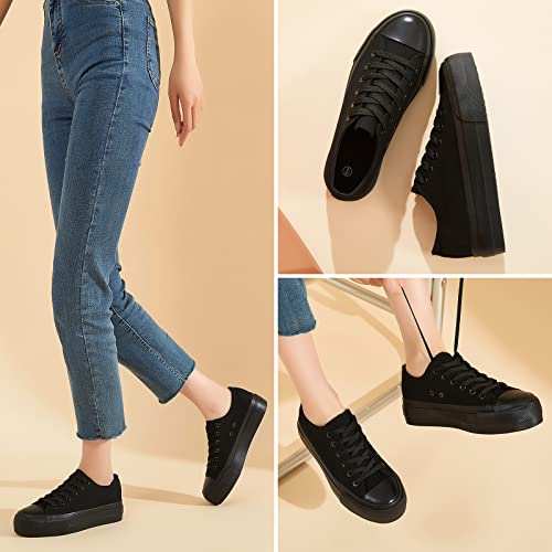 Hash Bubbie Platform Sneakers For Women Women's White Platform Sneakers Black Low Top Tennis Shoes Lace Up Fashion Canvas Sneakers For Girls Canvas Shoes（Full Black.us8） #TOP3