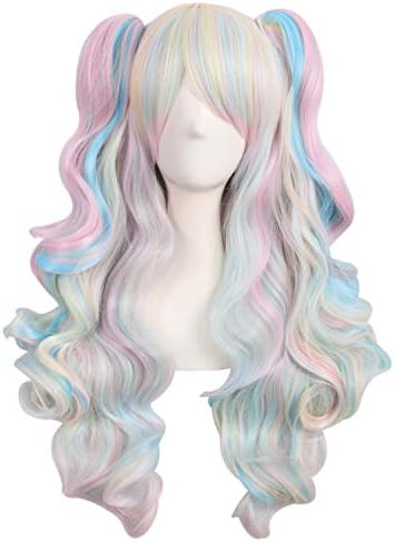 MapofBeauty Multi-color Lolita Long Curly Clip on Ponytails Cosplay Wig (Pink/ Blue/ Blonde)