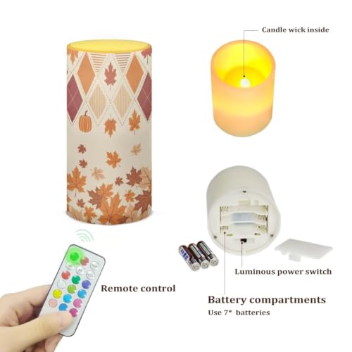 Image of Poceacles Fall Decoration LED Flameless Candles Battery Operated Candles with Remote Control Timer Flickering Wick Pillar Tealight for Home Outdoor Autumn Decor, Fall Maple Leaf Beige