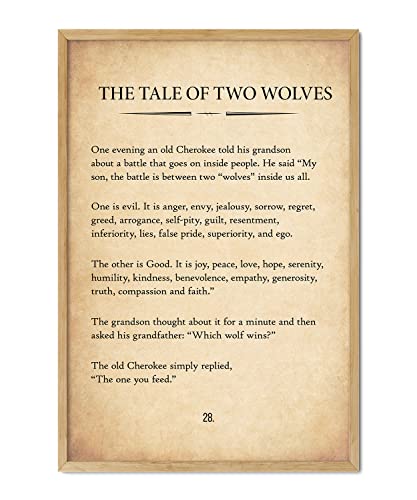 The Tale Of Two Wolves Poster Large 16" X24"; Cherokee Native American Wall Art; Vintage Print; Power Of Mindset; Positive Inspirational; Motivational Quote For Home Office Wall Decor (Unframed) #TOP2