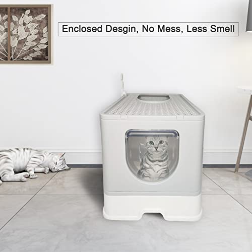 Hamiledyi Foldable Cat Litter Box With Lid, Large Litter Box With Drawer Enclosed Kitty Litter Pan, Top Entry Type Cat Potty With Plastic Scoop Anti-Splashing & No Smell Easy To Scoop (Gray) #TOP1