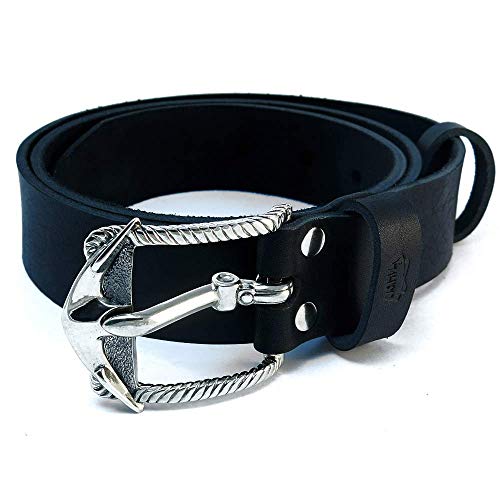 Leather Belt with Anchor german silver buckle, Handmade Navy solid german silver belt buckle on leather belt - Main Image