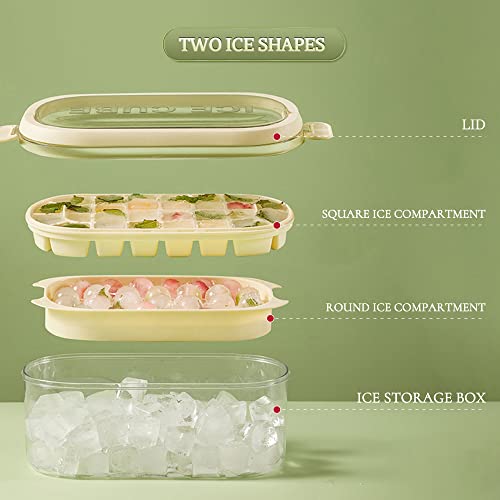 Oecoel Ice Cube Trays For Freezer With Lid Ice Tray With Storage Bin Ice Mold Making Round And Square Ice Cubes ​​2 Trays 1 Ice Bucket With Handle 1Scoop(Beige) #TOP3