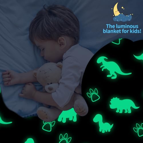 Miniatura 6 de Yeqivo Manta De Dinosaurio Para Niños, Manta De Dinosaurio Que Brilla En La Oscuridad, Manta De Dinosaurio Azul Para Niños, Manta De Forro Polar Suave De 130 150cm,Dinosaurio Azul