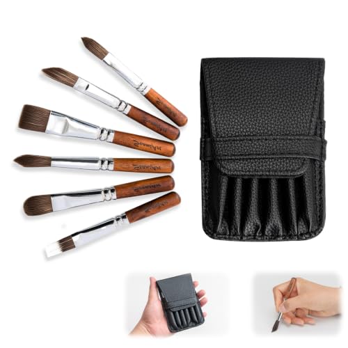 SEAMIART Travel Watercolor Brushes 6pcs Pocket Size Travel Paint Brush Set with PU Pouch Short Handle Water Color Paint Brushes for Watercolor Acrylic Gouache Inks Painting - Brown