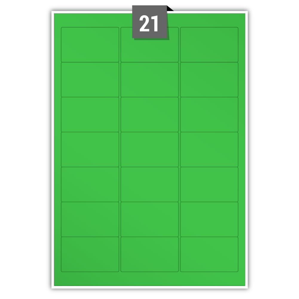 Matt Permanent Adhesive Dry Edge Green Paper Labels 21 Rectangle Printable Labels per A4 Plain Sheet – Label Paper Size 63.50 mm x 38.10 mm Ideal for Office, Packaging, Shipping