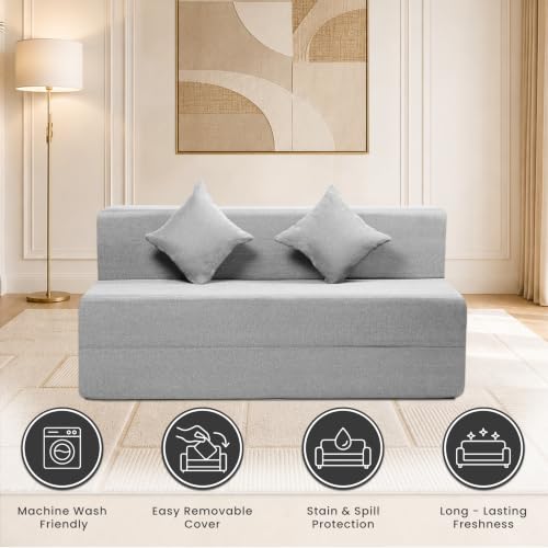 Image of Seventh Heaven Rejioce 3 Seater 5 * 6 Jute Fabric Washable Cover Sofa Cum Bed with 2 Cushions 3 Seater Double Foam Fold Out Sofa Cum Bed (Finish Color - Light Grey Delivery Condition - Pre-Assembled)