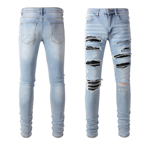 High Street Men's Biker Ripped Jeans Stretchy Skinny Slim fit Distressed Patch Holes Pants